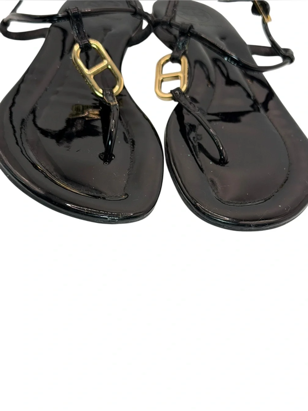 Tory Burch Black Patent Leather Gold Logo Strappy Thong Sandals Size 9.5